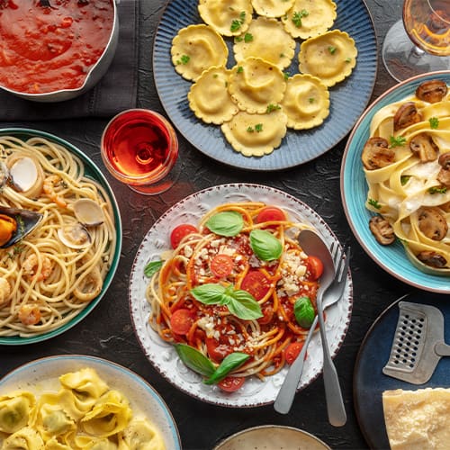 Overhead tablescape of a variety of food
