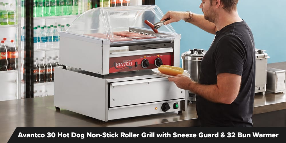 Best Hot Dog Roller with a Bun Warmer - Avantco 30 Hot Dog Non-Stick Roller Grill with Sneeze Guard and 32 Bun Warmer