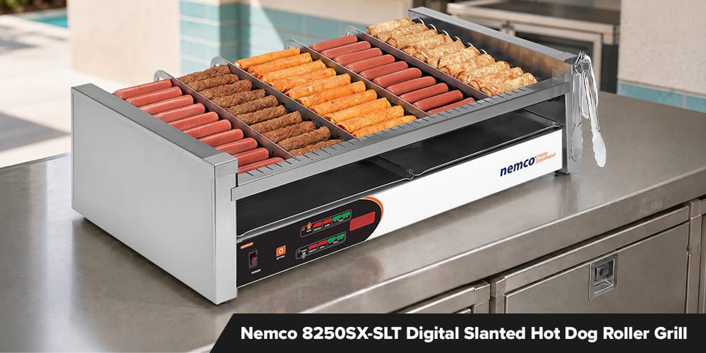 Best High-Capacity Hot Dog Roller - Nemco 8250SX-SLT Digital Slanted Hot Dog Roller Grill with GripsIt Non-Stick Coating - 50 Hot Dog Capacity (120V)