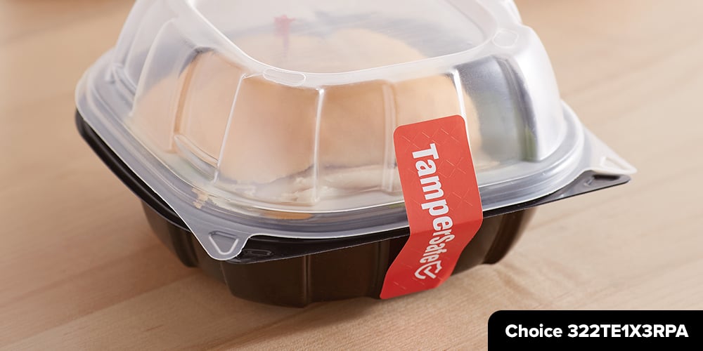Choice 322TE1X3RPA container with a red tamper-evident label on it