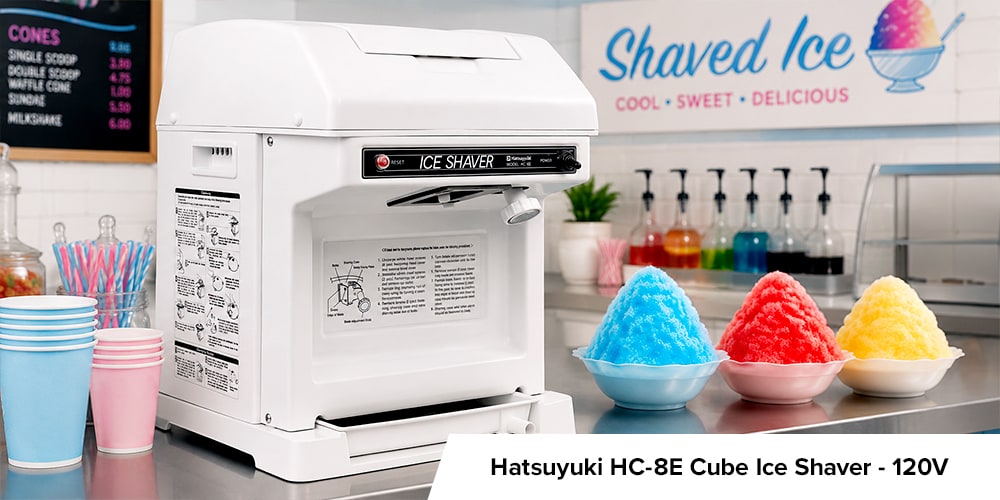 Hatsuyuki Cube Ice Shaver in a clean shaved ice shop with colorful syrups, cups, and finished shaved ice bowls.