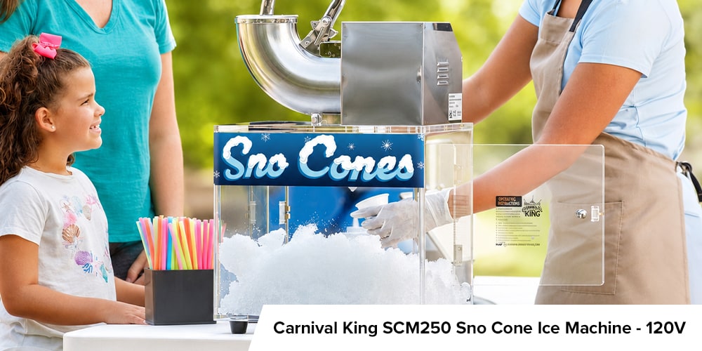 Carnival King Sno Cone ice machine serving shaved ice at an outdoor event with customers, straws, and colorful snow cones.