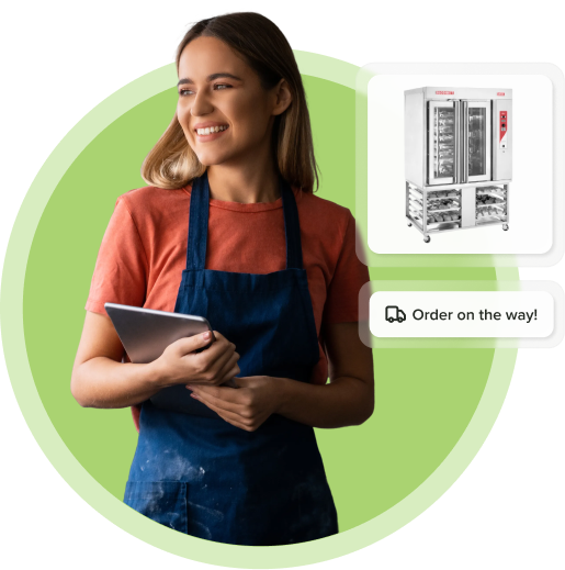 Woman holding a tablet with a fridge in a bubble showing order on the way