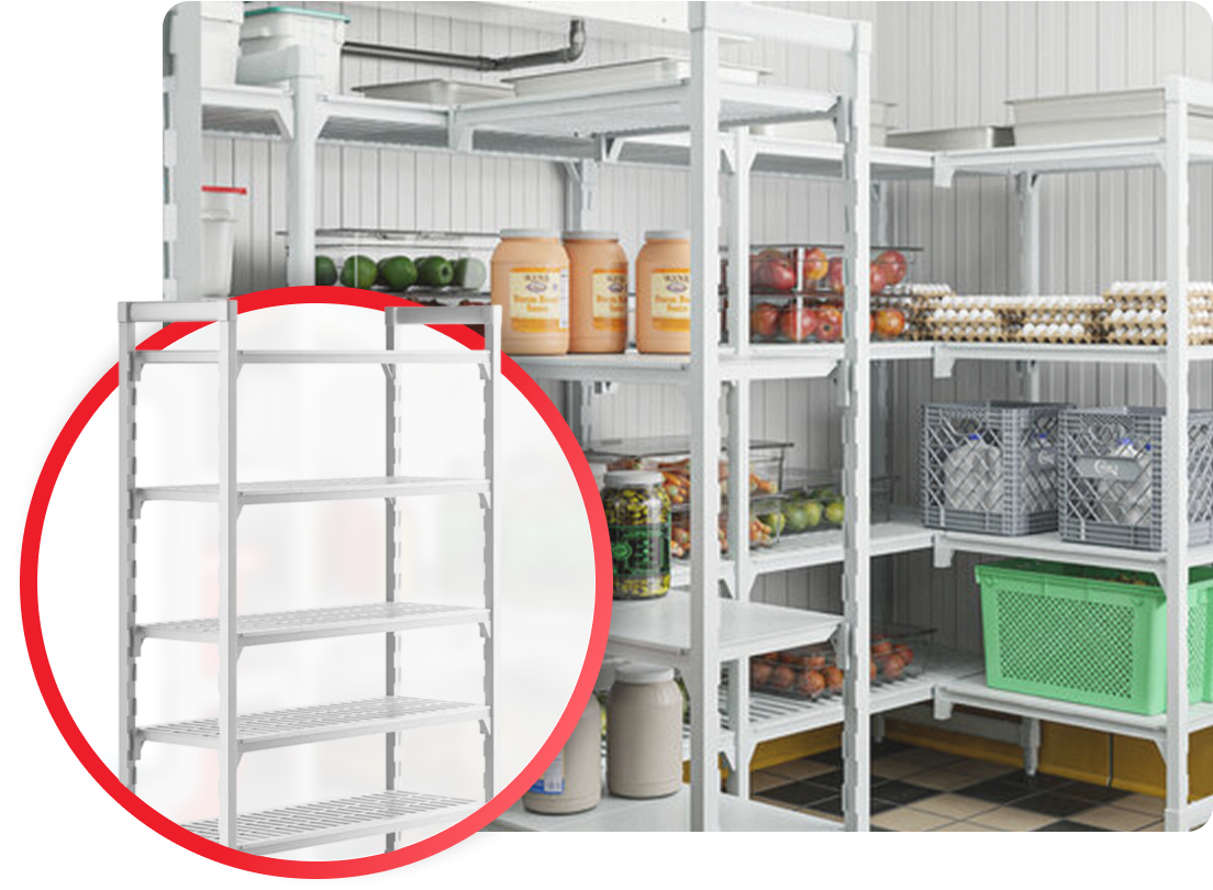 A selection of Cambro Camshelving units in a cold storage walk-in.