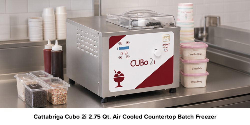 Cattabriga Cubo 2i countertop batch freezer on a stainless steel prep counter with ice cream containers, toppings, and cups.