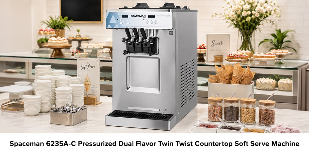 Spaceman 6235A-C countertop soft serve machine displayed on a dessert counter with cones, toppings, bowls, and pastries.