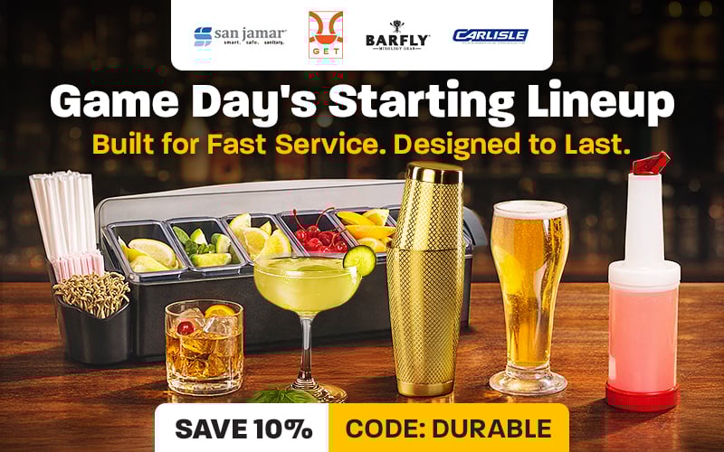 Save 10% on Game Day Supplies from San Jamar, GET, Barfly, & Carlisle; Code: DURABLE