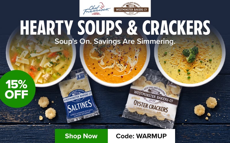 Shop Hearty Soups & Crackers - Use Code WARMUP to Save 15%