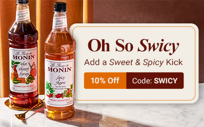 Monin sweet and spicy syrups on sale now, 10% off, add a sweet and spicy kick to your beverages, shop now