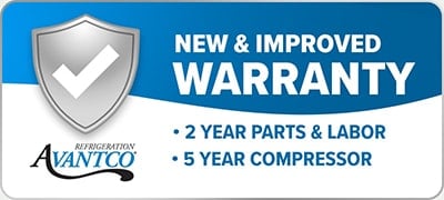 New & Improved Avantco Refrigeration Warranty. 2 Year Parts & Labor. 5 Year Compressor.