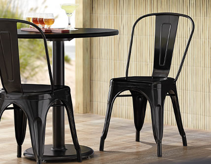 Black Metal Indoor / Outdoor Industrial Cafe Chair with Vertical Slat Back and Drain Hole Seat