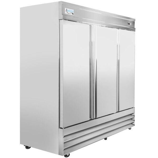 An Avantco stainless steel reach-in refrigerator with three doors.