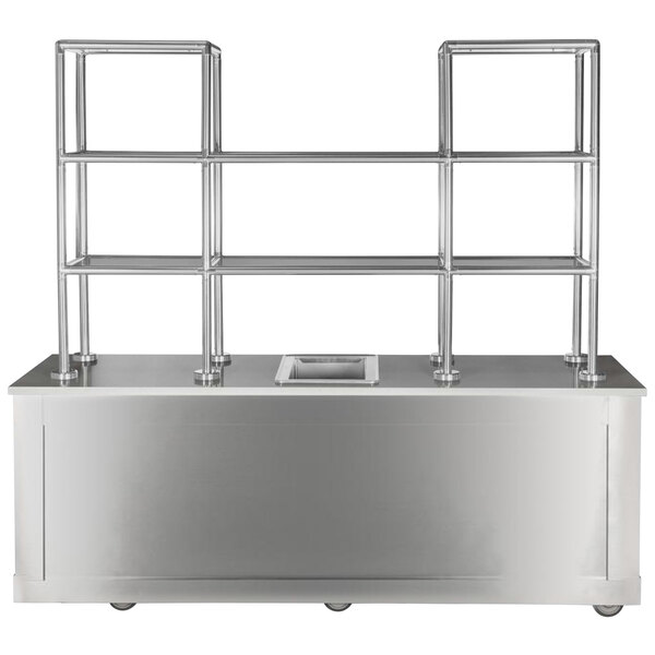 A stainless steel rectangular mobile back bar with glass shelves on wheels.
