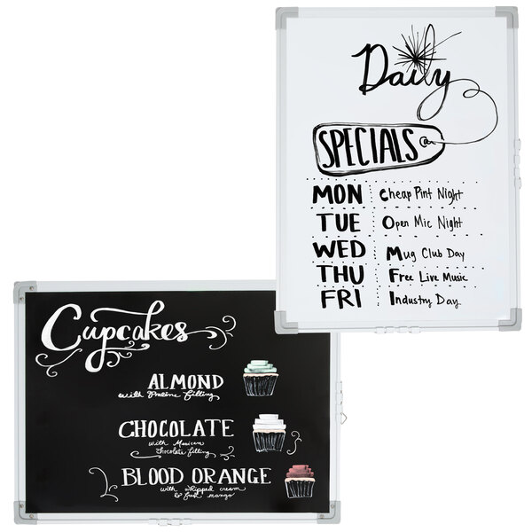A black and white reversible menu board with white writing on it.