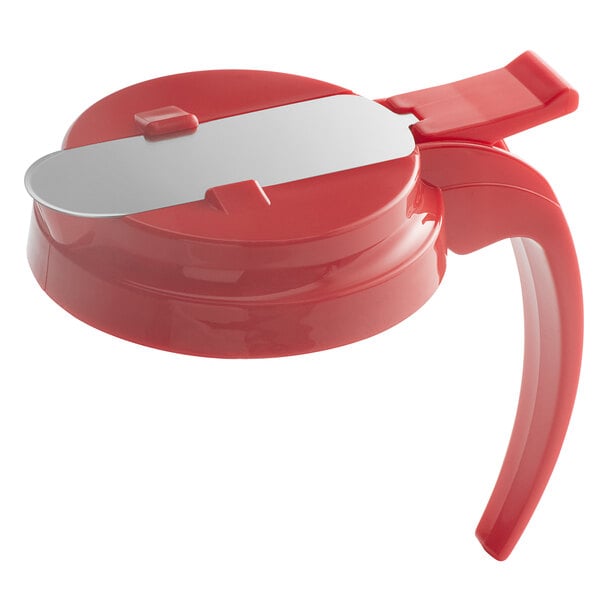 A Vollrath red plastic lid for syrup servers with a metal handle.