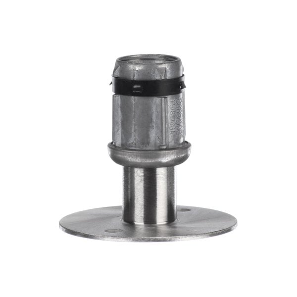 A stainless steel flanged adjustable foot with a black cap.