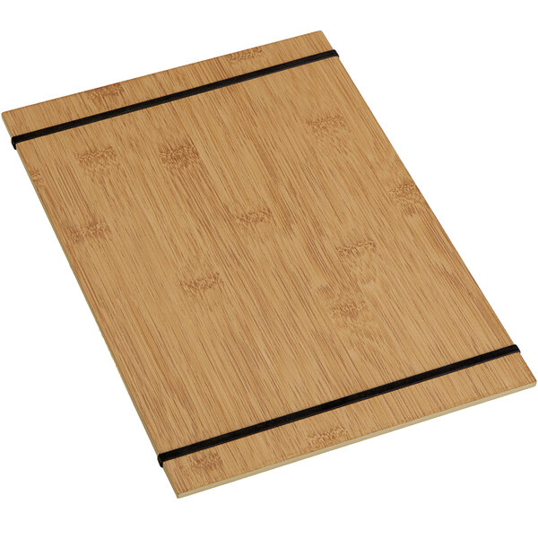An American Metalcraft bamboo wood menu board with black rubberbands.