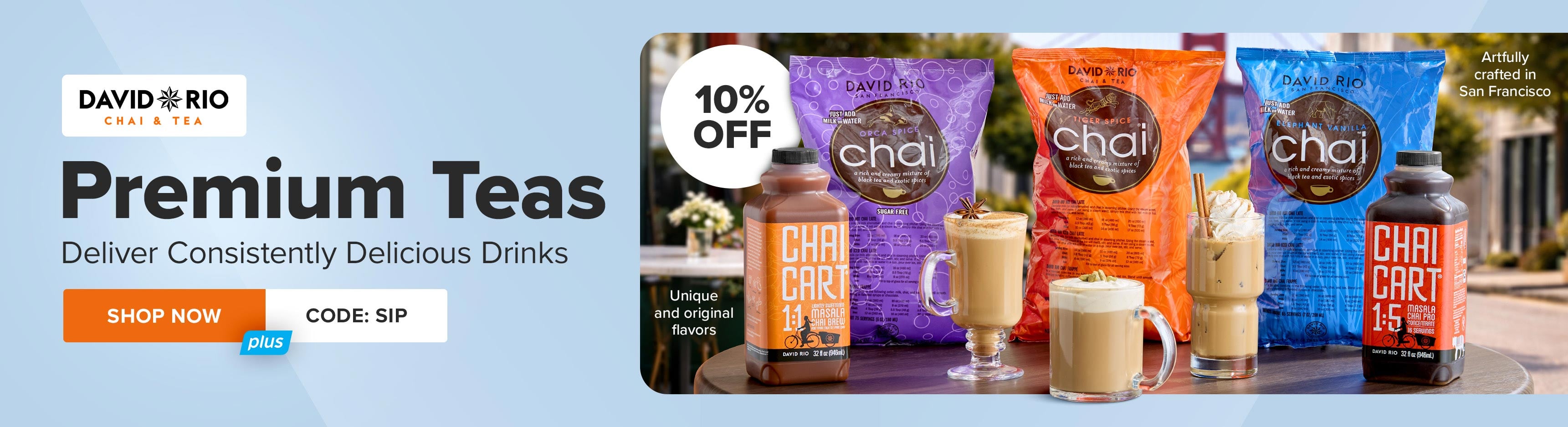 10% off David Rio Premium Teas, Deliver Consistently Delicious Drinks, use code: SIP, shop now